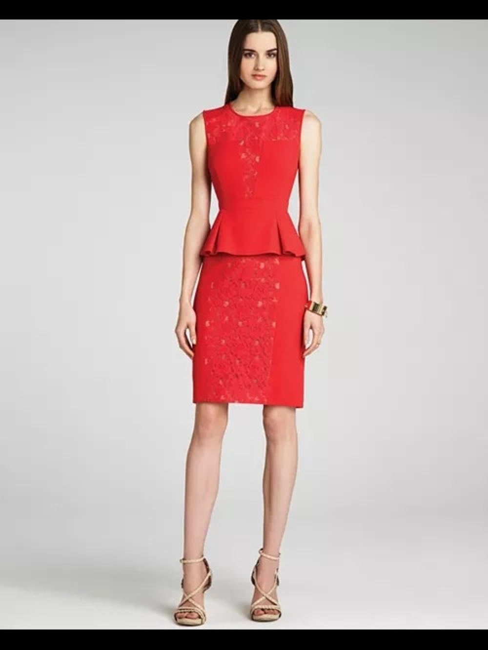 BCBGMaxAzria Red Lace-Panel Peplum Pencil Skirt Dress